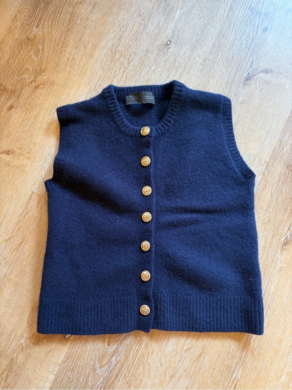 Zara Navy 100% wool Gold Button Sweater Vest